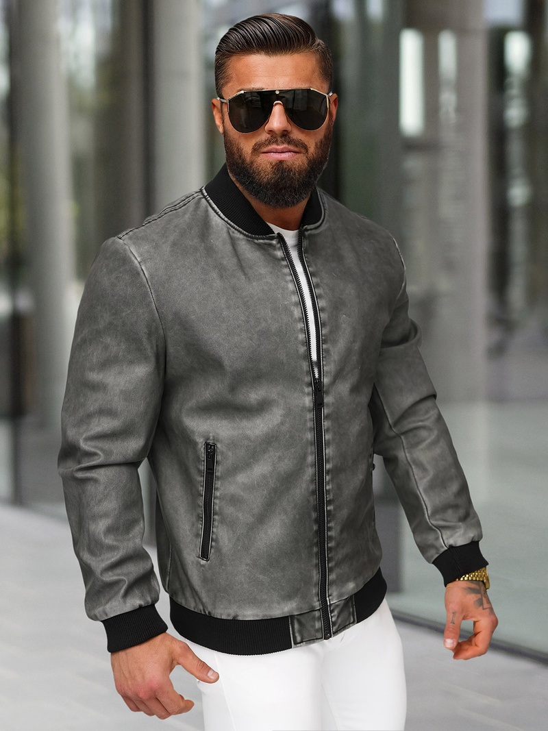 Geacă de piele bărbați antracit OZONEE JS/11Z8107