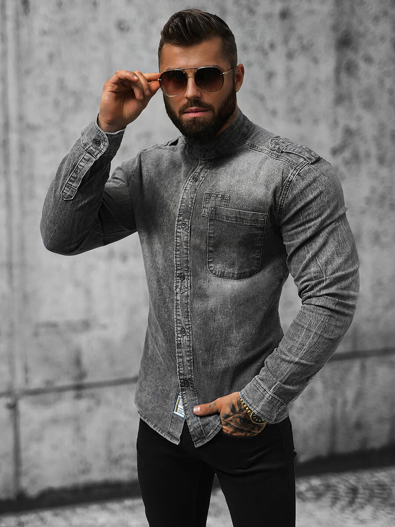 Cămașă de blugi bărbați gri OZONEE NB/MC713G