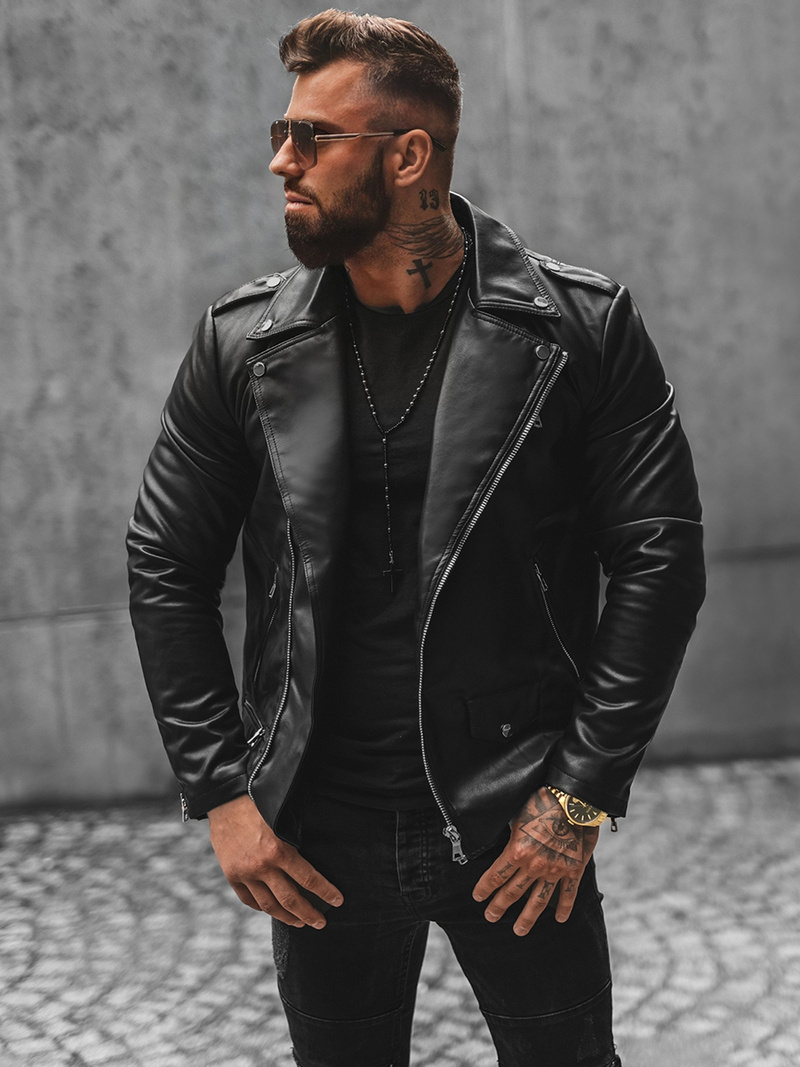 Geacă de piele bărbați neagră OZONEE JS/11Z8014