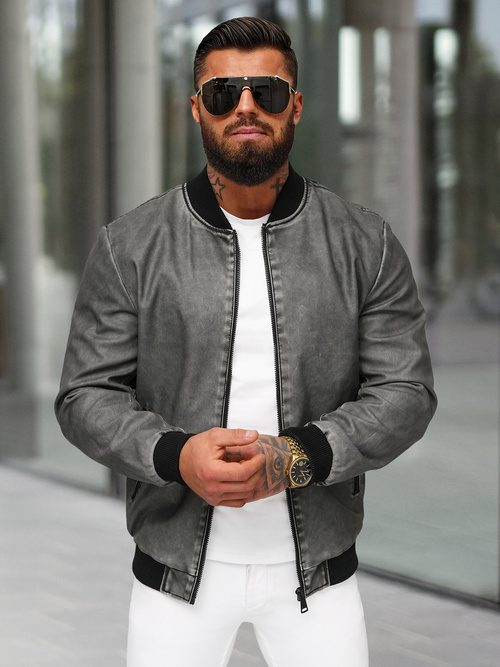 Geacă de piele bărbați antracit OZONEE JS/11Z8107