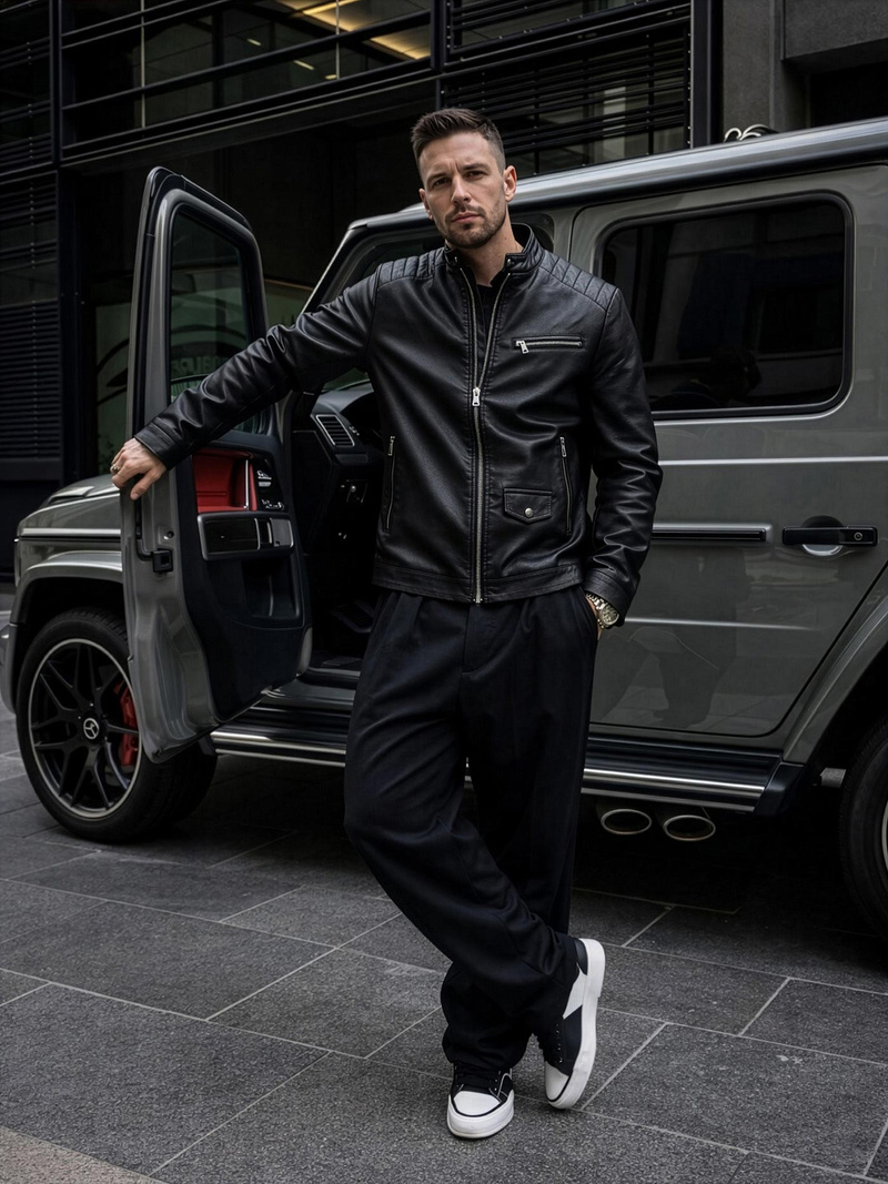 Geacă de piele bărbați neagră OZONEE JS/11Z8021