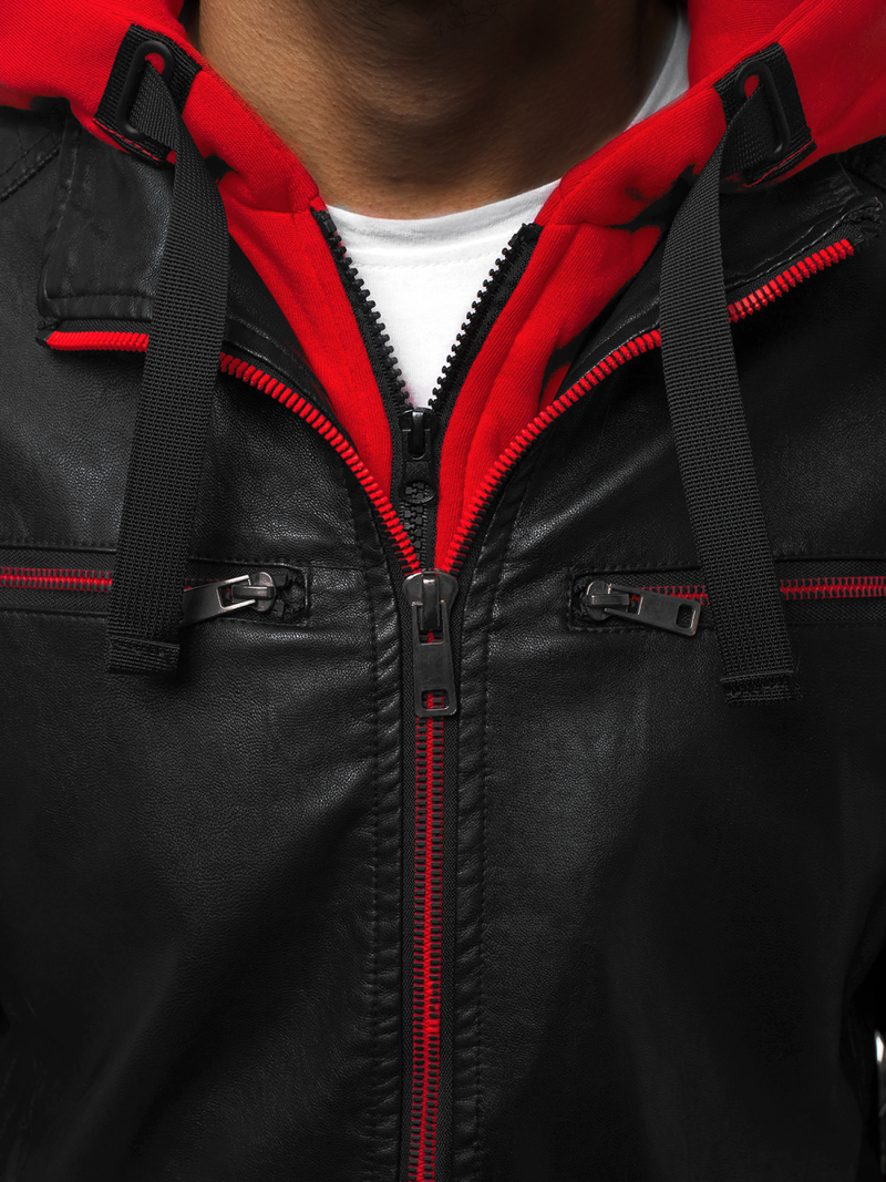 Geacă de piele bărbați neagră-roșie OZONEE N/6129Z