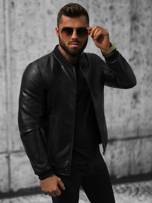 Geacă de piele bărbați neagră OZONEE JS/11Z8015