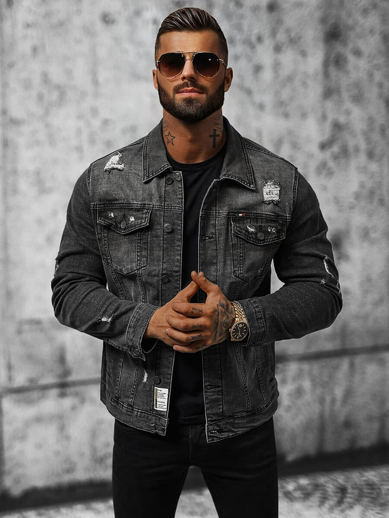 Jachetă de blugi bărbați neagră OZONEE NB/MJ515N