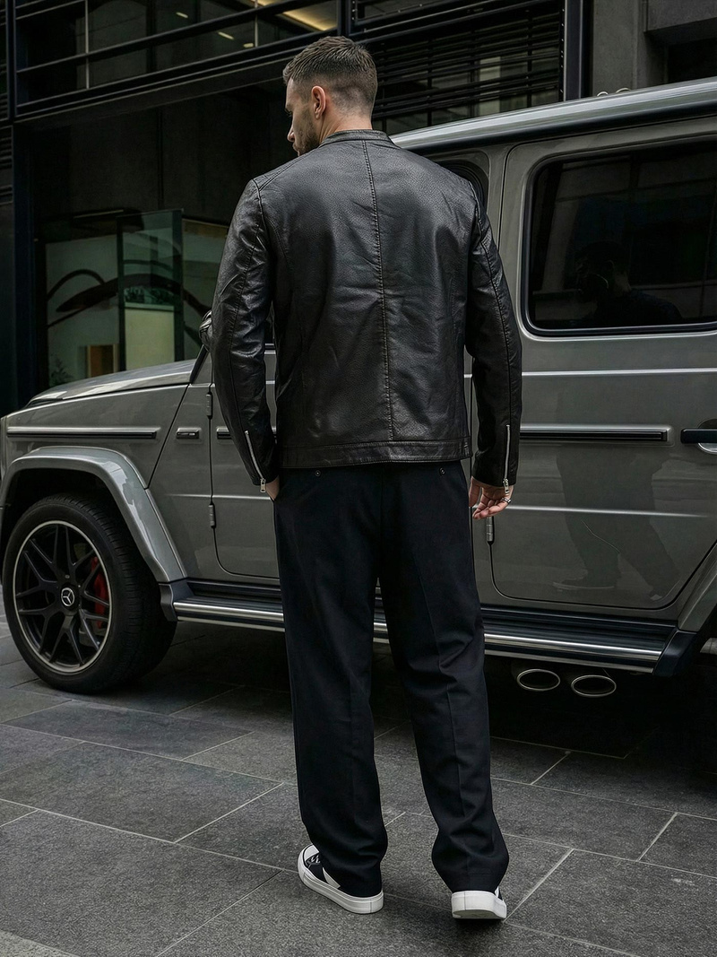 Geacă de piele bărbați neagră OZONEE JS/11Z8021