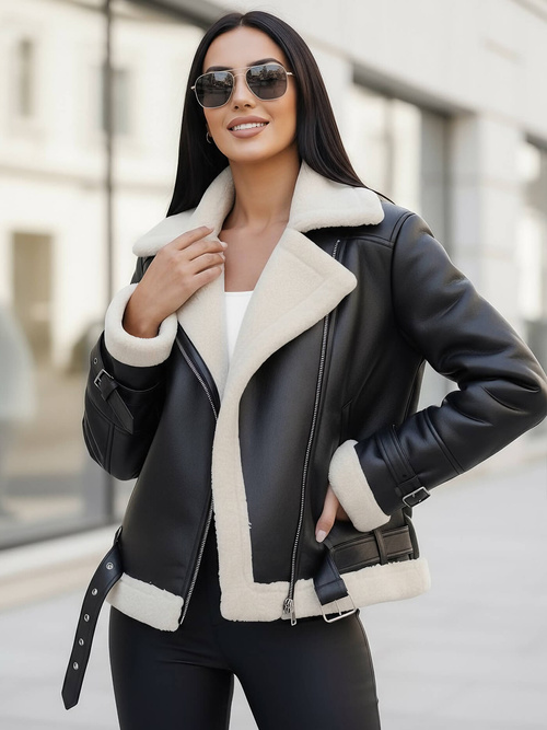 Geacă de piele pentru femei neagră-albă OZONEE JS/11Z8177Z