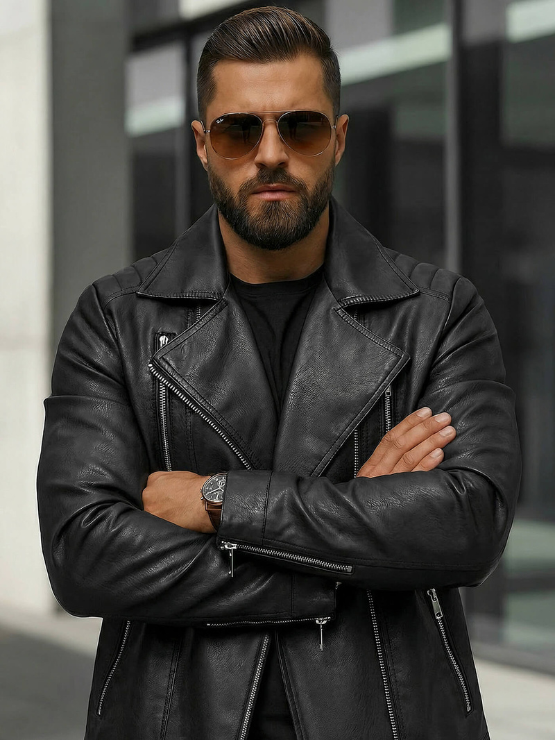 Geacă de piele bărbați neagră OZONEE JS/11Z8067Z