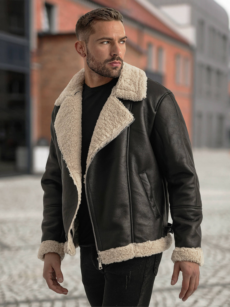 Geacă de piele bărbați neagră OZONEE JS/11Z8273