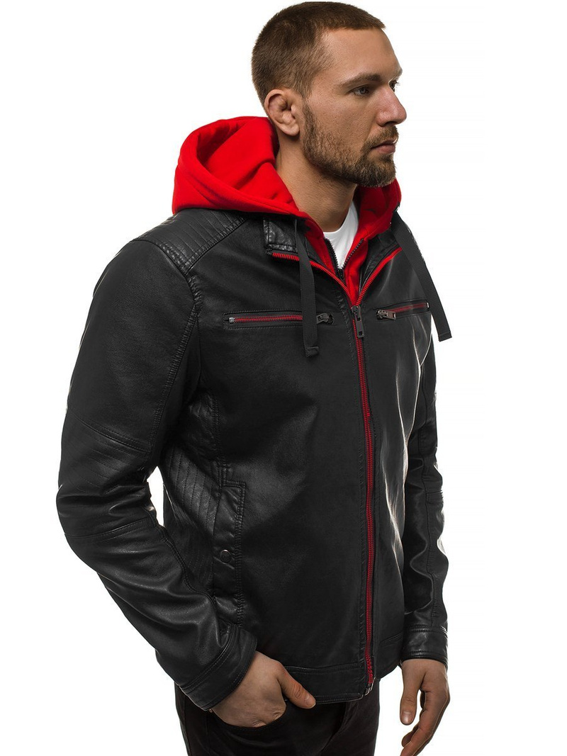 Geacă de piele bărbați neagră-roșie OZONEE N/6129Z
