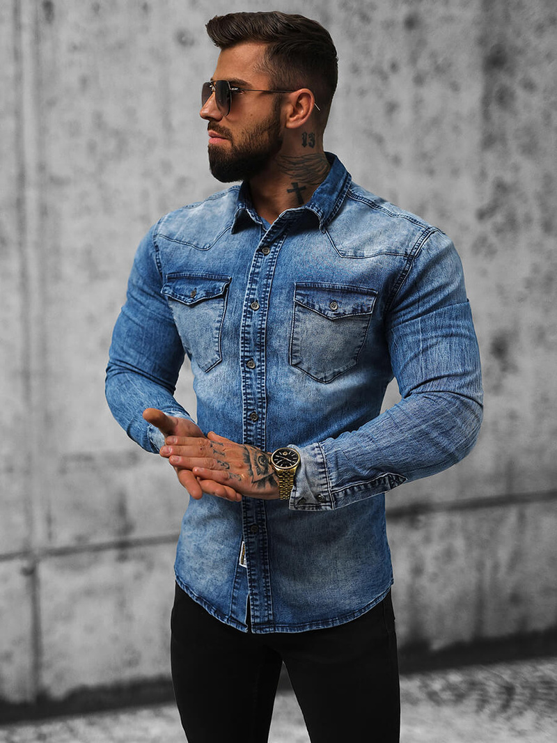 Cămașă de blugi bărbați albastră închis OZONEE NB/MC710BS