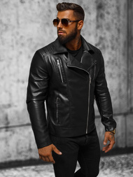 Geacă de piele bărbați neagră OZONEE JS/11Z8056