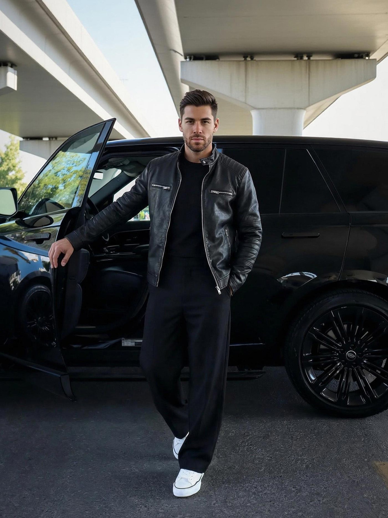 Geacă de piele bărbați neagră OZONEE JS/11Z8066