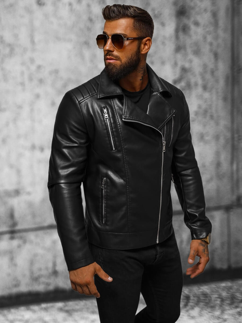 Geacă de piele bărbați neagră OZONEE JS/11Z8056