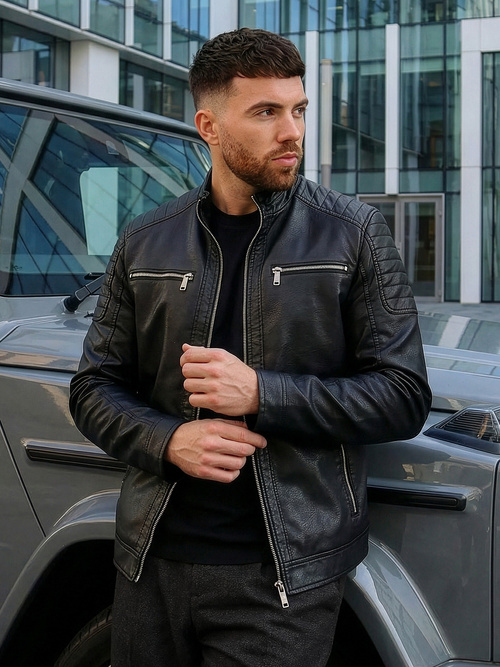 Geacă de piele bărbați neagră OZONEE JS/11Z8137