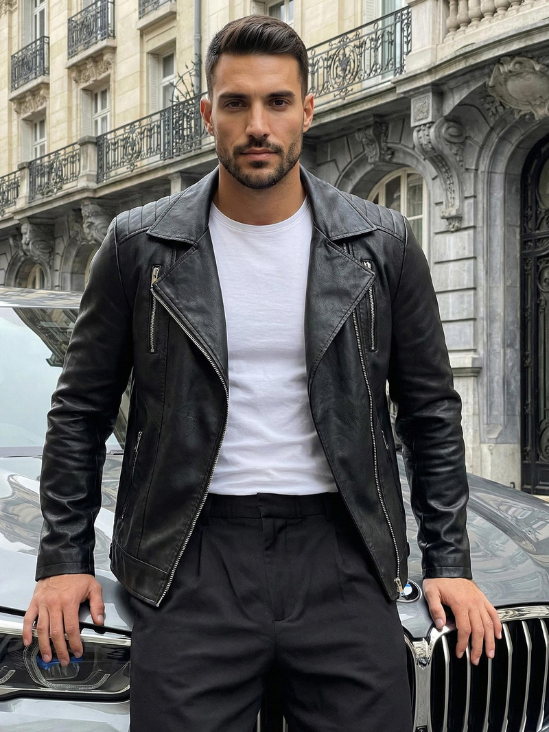 Geacă de piele bărbați neagră OZONEE JS/11Z8067Z