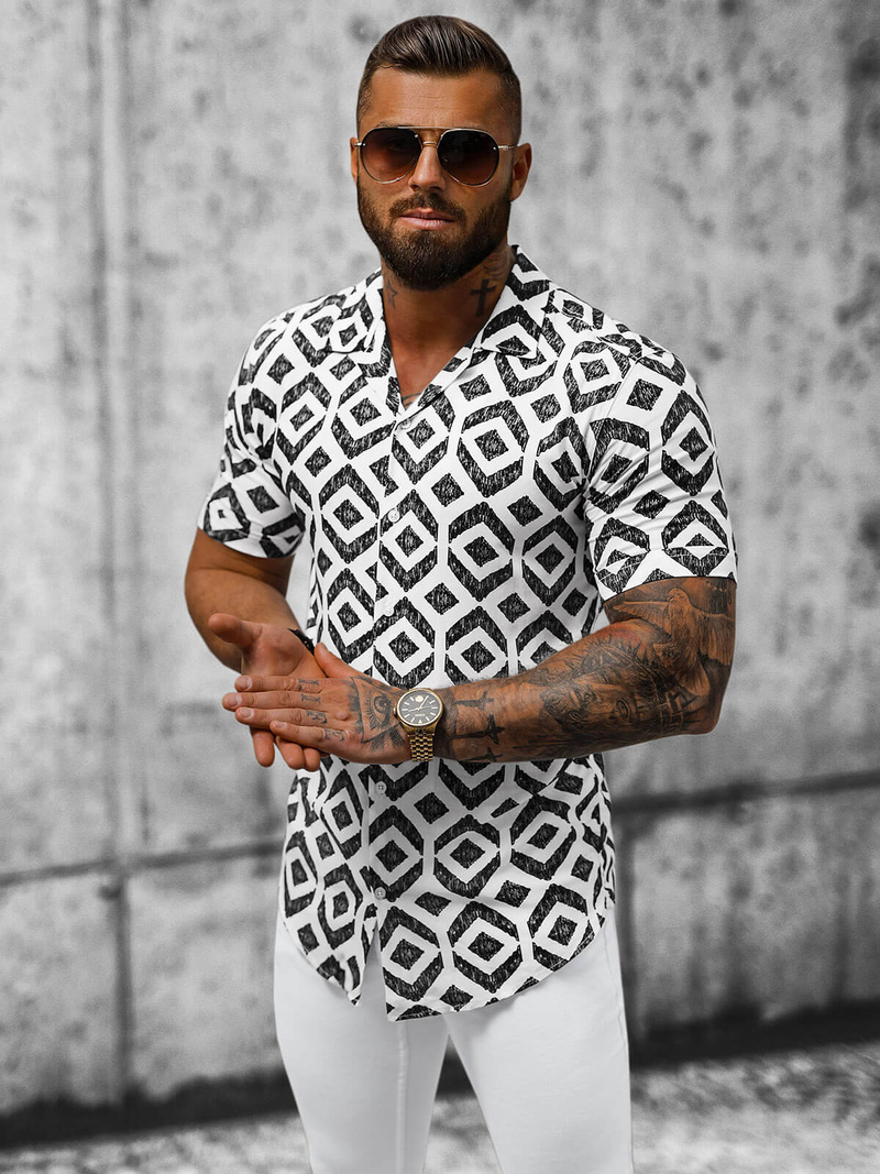 Cămașă cu mâneca scurtă bărbați albă-neagră OZONEE E/1400/26Z