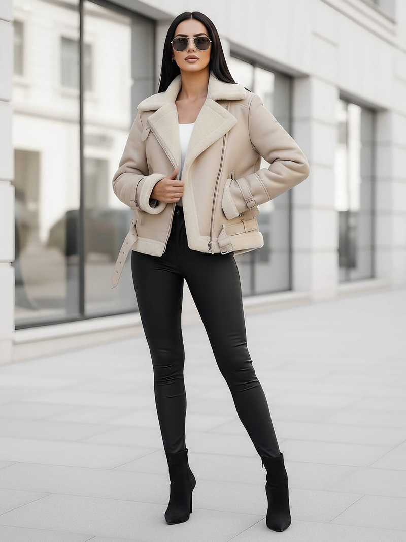 Geacă de piele pentru femei bej OZONEE JS/11Z8177Z