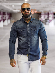 Cămașă de blugi bărbați albastră închis OZONEE O/51411