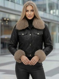 Geacă de piele pentru femei neagră-bej OZONEE JS/61M8513/392B