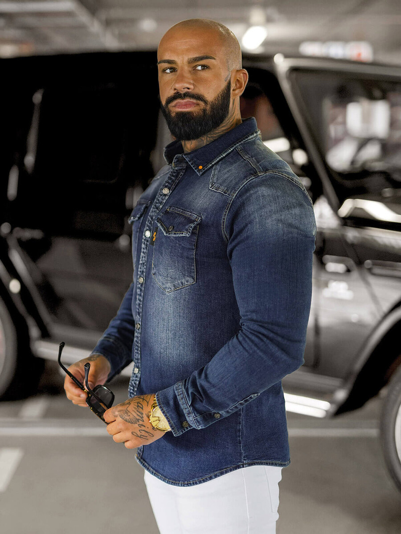 Cămașă de blugi bărbați albastră închis OZONEE O/51410