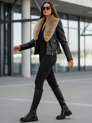 Geacă de piele pentru femei neagră-bej OZONEE JS/61M8508/392BZ