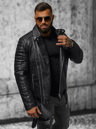 Geacă de piele bărbați neagră OZONEE JS/11Z8005Z