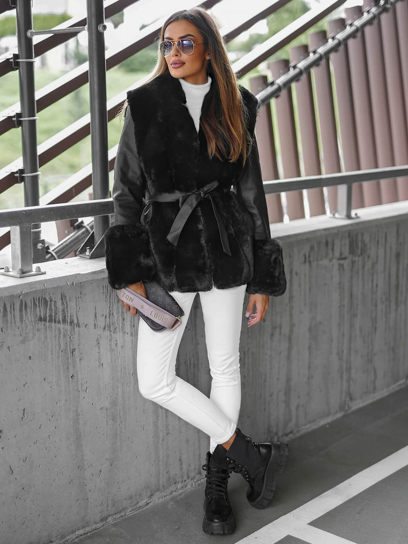 Geacă de piele pentru femei neagră OZONEE JS/11Z8079Z