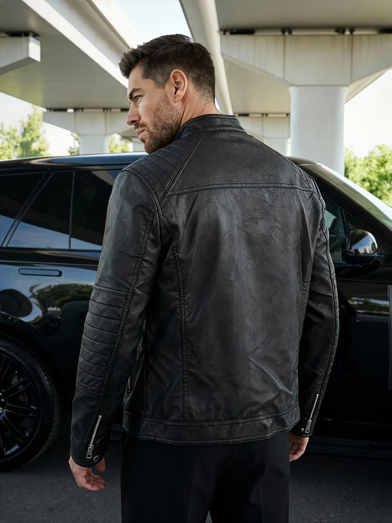 Geacă de piele bărbați neagră OZONEE JS/11Z8066