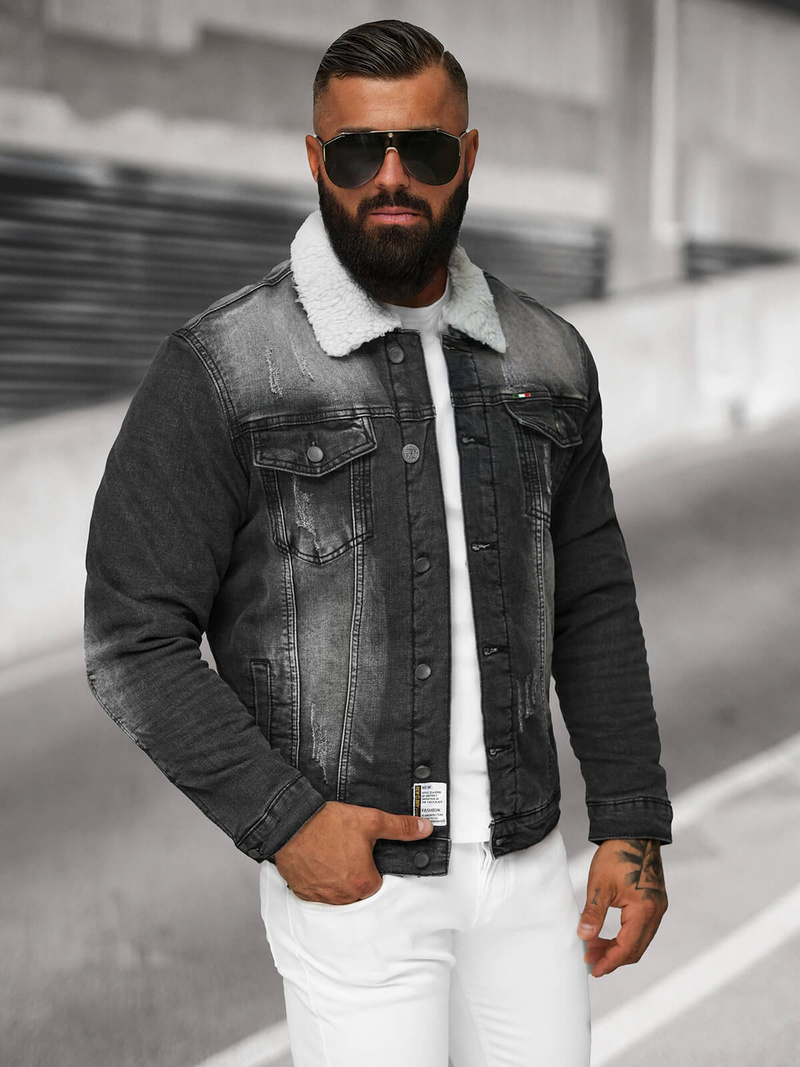 Jachetă de blugi bărbați sherpa neagră OZONEE NB/MJ513N