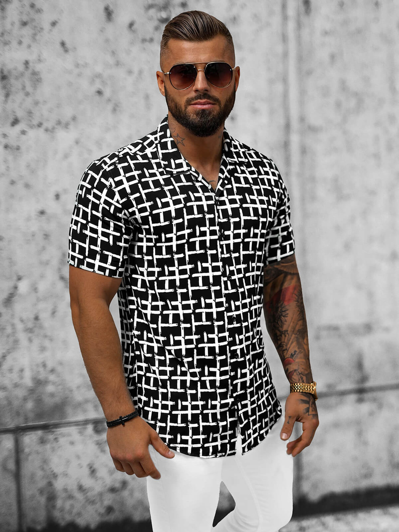 Cămașă cu mâneca scurtă bărbați neagră-albă OZONEE E/1400/28Z