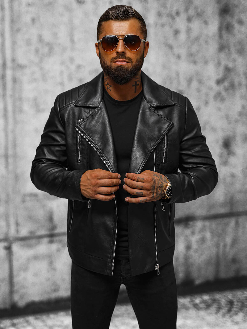 Geacă de piele bărbați neagră OZONEE JS/11Z8067