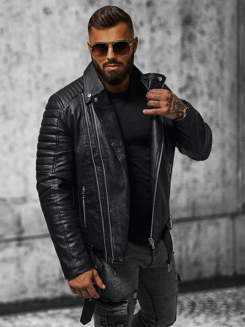 Geacă de piele bărbați neagră OZONEE JS/11Z8005Z