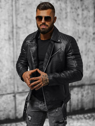 Geacă de piele bărbați neagră OZONEE JS/11Z8005Z