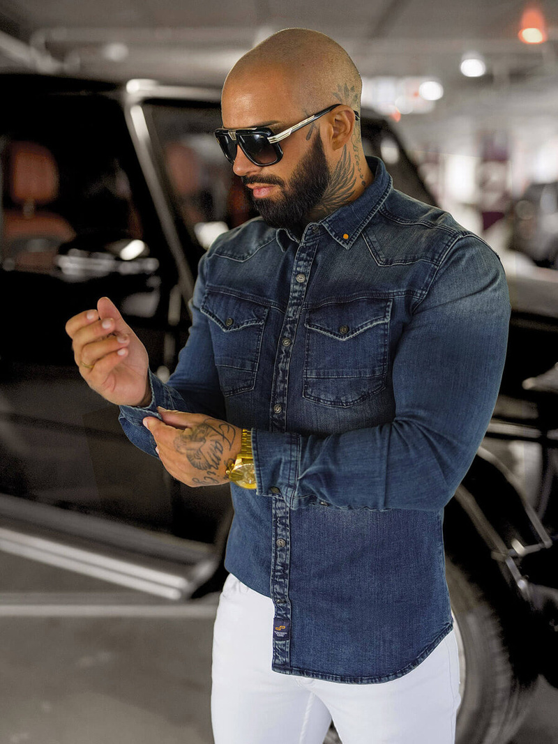 Cămașă de blugi bărbați albastră închis OZONEE O/51411