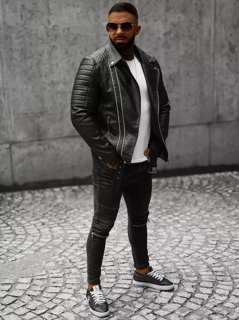 Geacă de piele bărbați neagră OZONEE JS/11Z8005