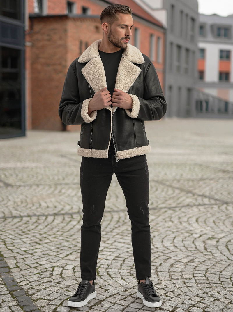 Geacă de piele bărbați neagră OZONEE JS/11Z8273