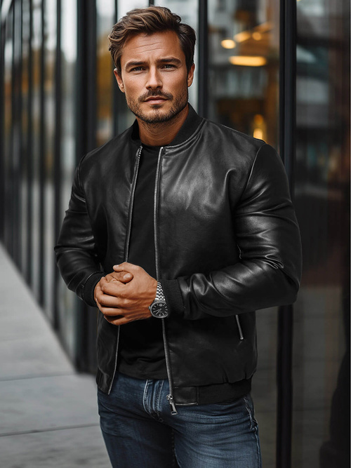 Geacă de piele bărbați neagră OZONEE JS/11Z8106Z