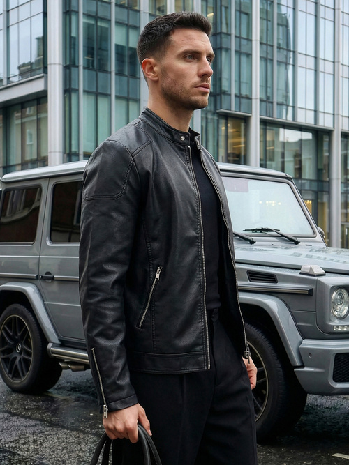 Geacă de piele bărbați neagră OZONEE JS/11Z8027