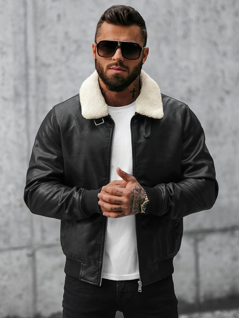 Geacă de piele bărbați neagră OZONEE JB/JP1178Z