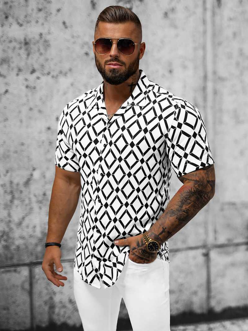 Cămașă cu mâneca scurtă bărbați albă-neagră OZONEE E/1400/139Z