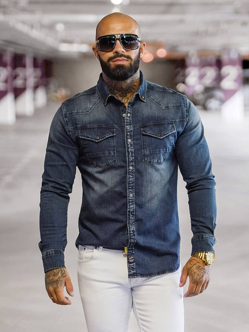 Cămașă de blugi bărbați albastră închis OZONEE O/51411