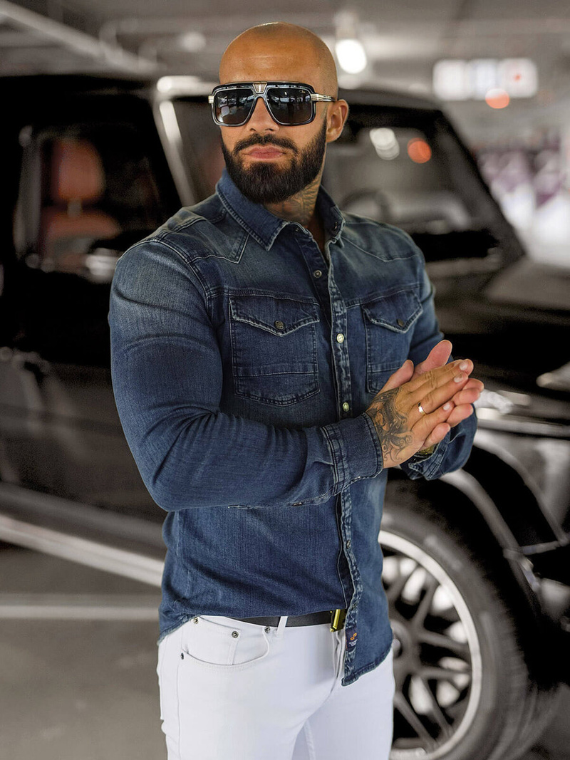 Cămașă de blugi bărbați albastră închis OZONEE O/51411