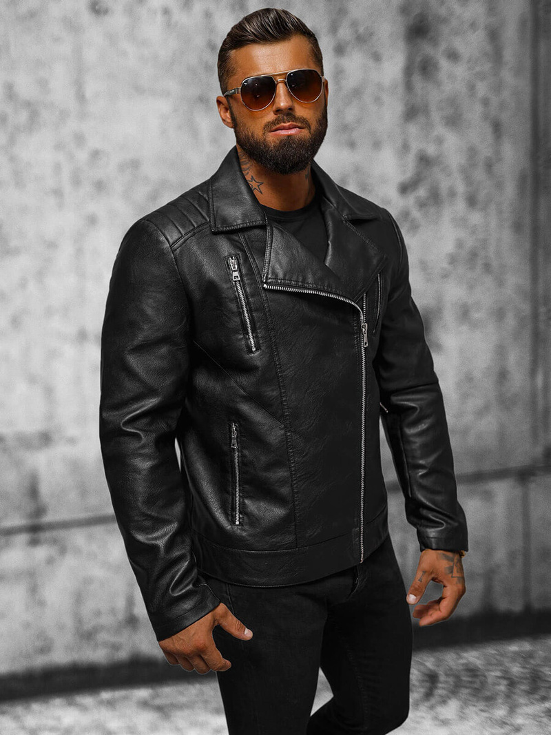 Geacă de piele bărbați neagră OZONEE JS/11Z8067