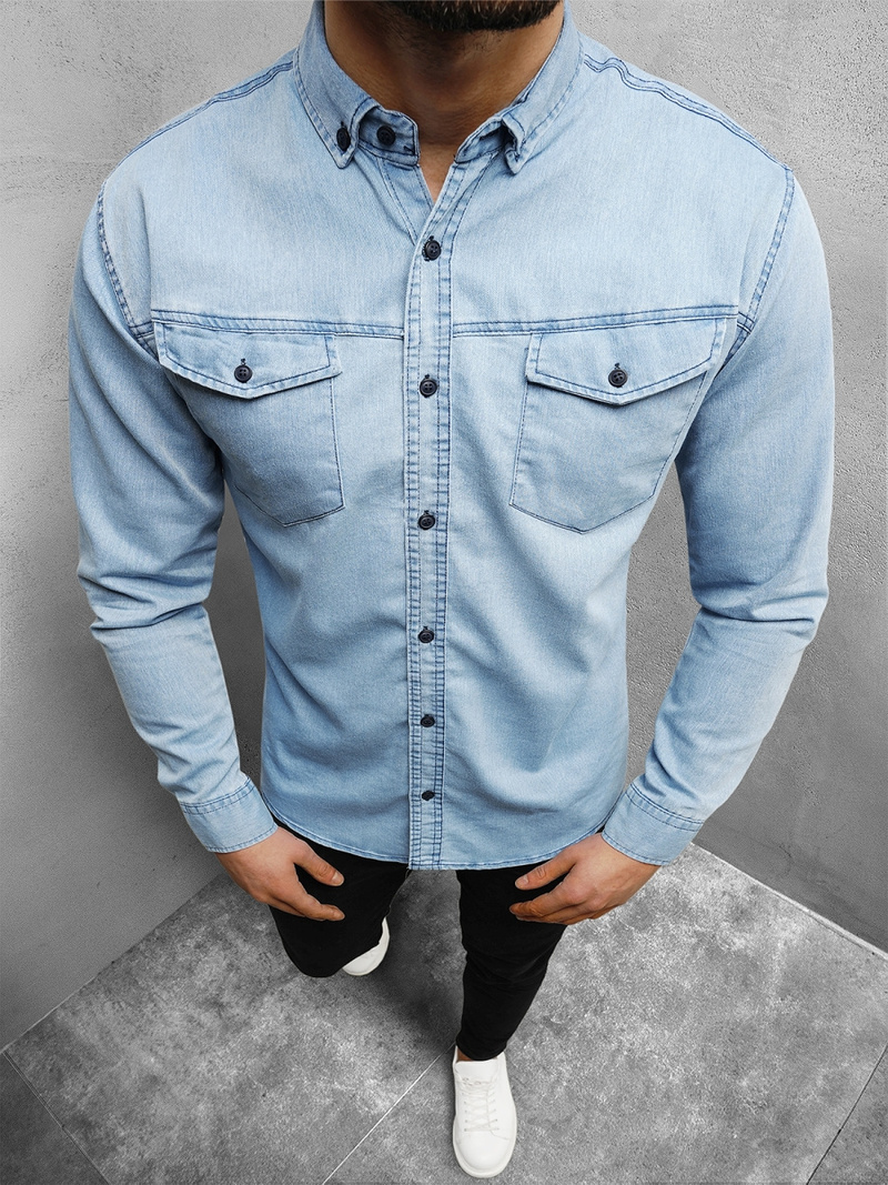 Cămașă de blugi bărbați albastră deschis OZONEE O/K1263