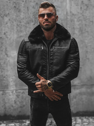 Geacă de piele bărbați neagră OZONEE JS/11Z8013Z