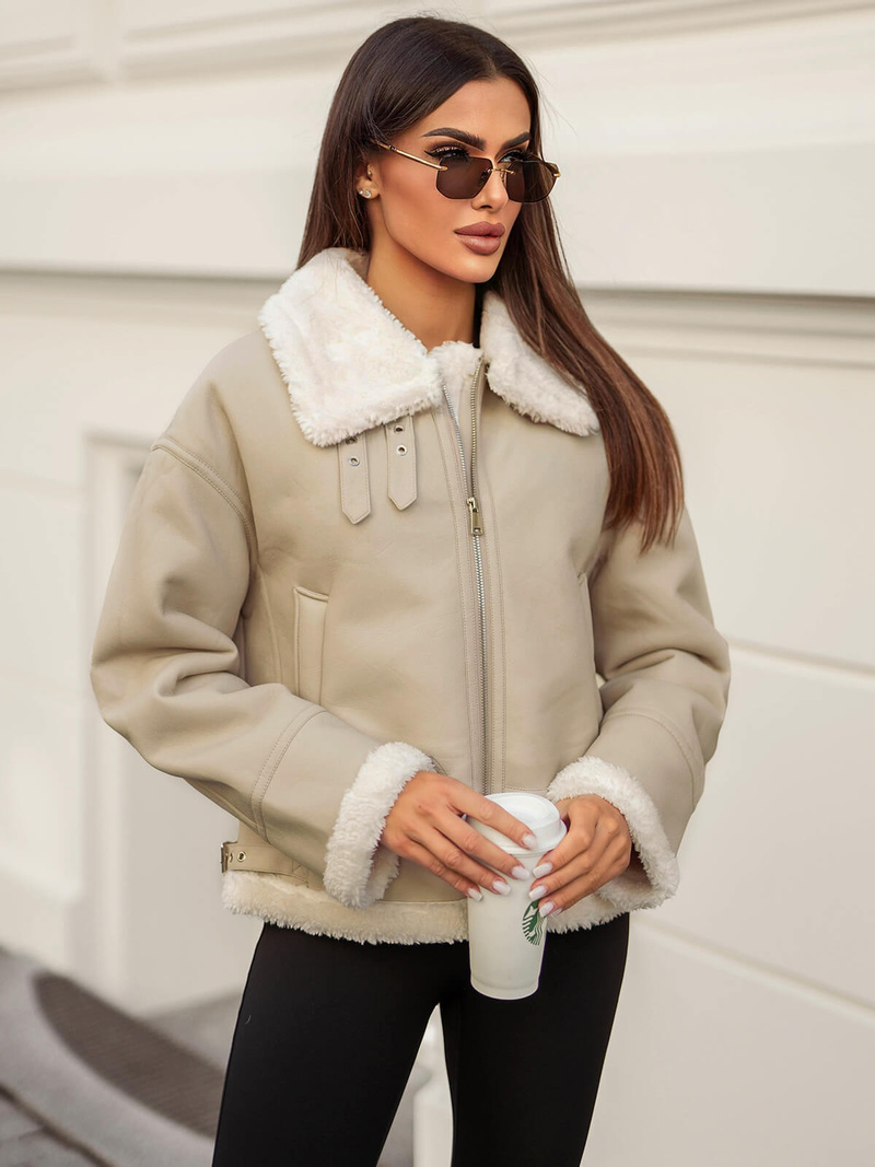 Geacă de piele pentru femei bej OZONEE JS/11Z8178