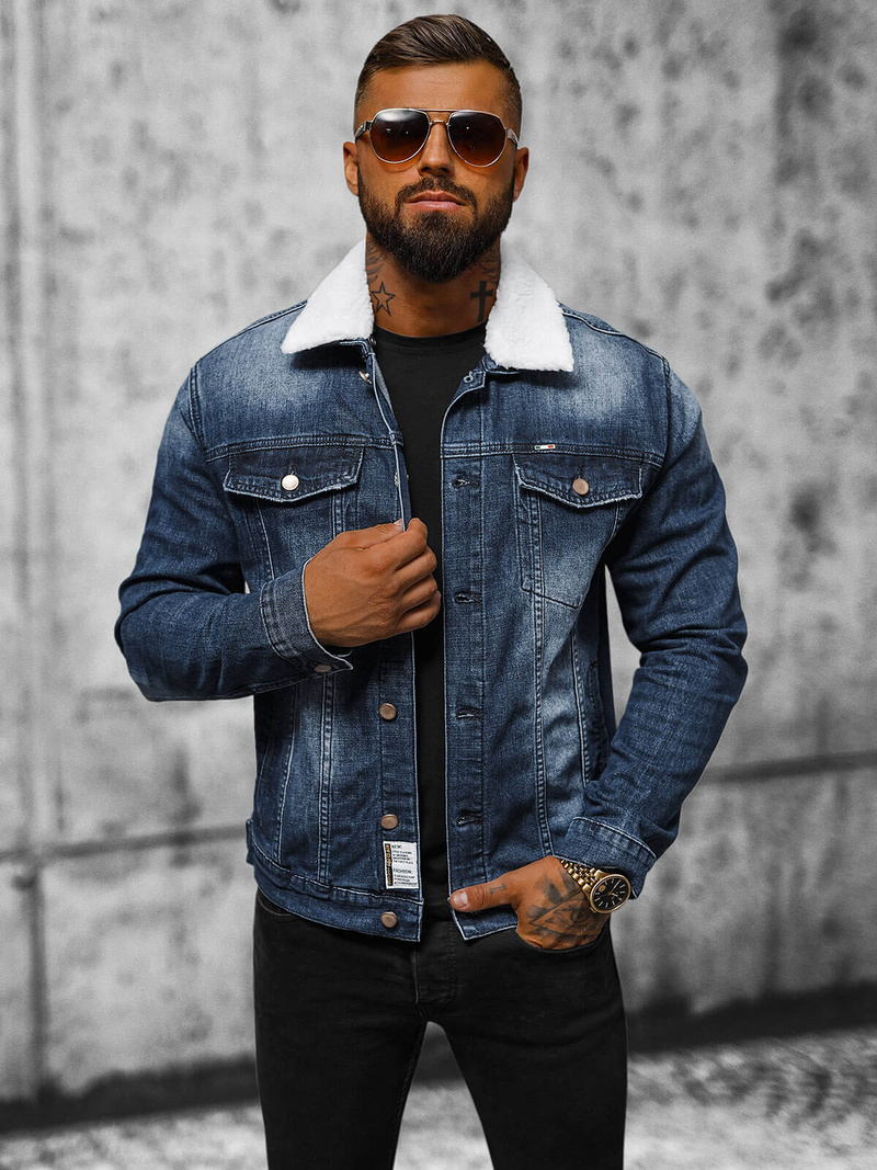 Jachetă de blugi bărbați sherpa albastră închis OZONEE NB/MJ516BSZ