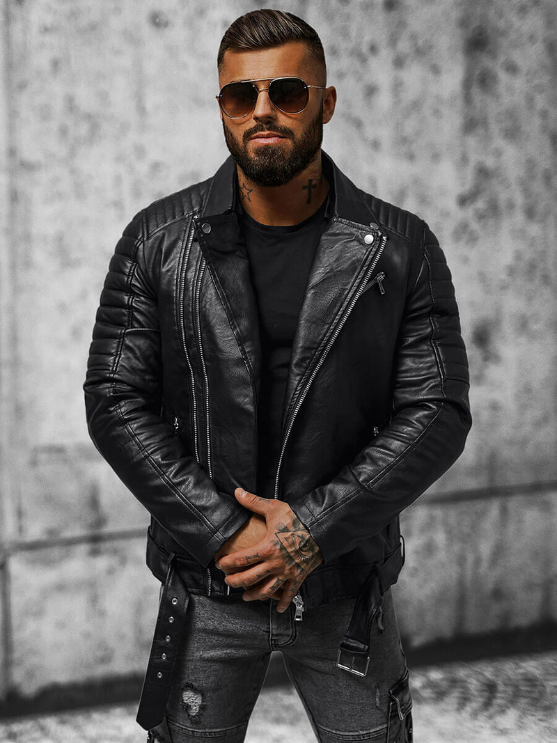 Geacă de piele bărbați neagră OZONEE JS/11Z8005Z