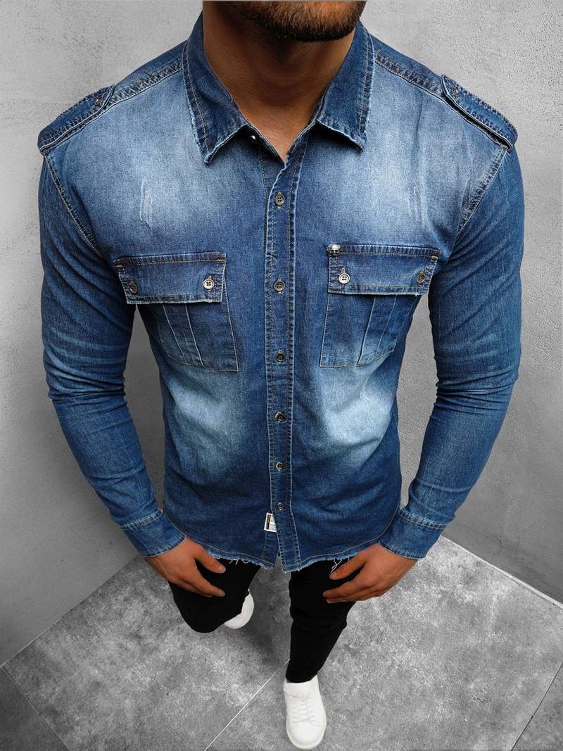 Cămașă de blugi bărbați albastră OZONEE NB/MC702BC