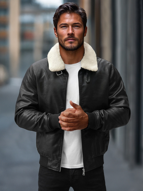 Geacă de piele bărbați neagră OZONEE JB/JP1178Z